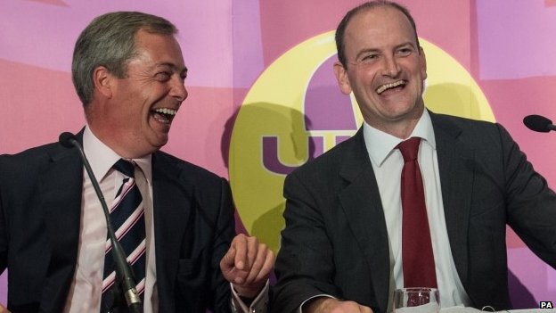 Two privately educated men whose only wish is to help the people of Clacton. Carswell and Farage share a joke.